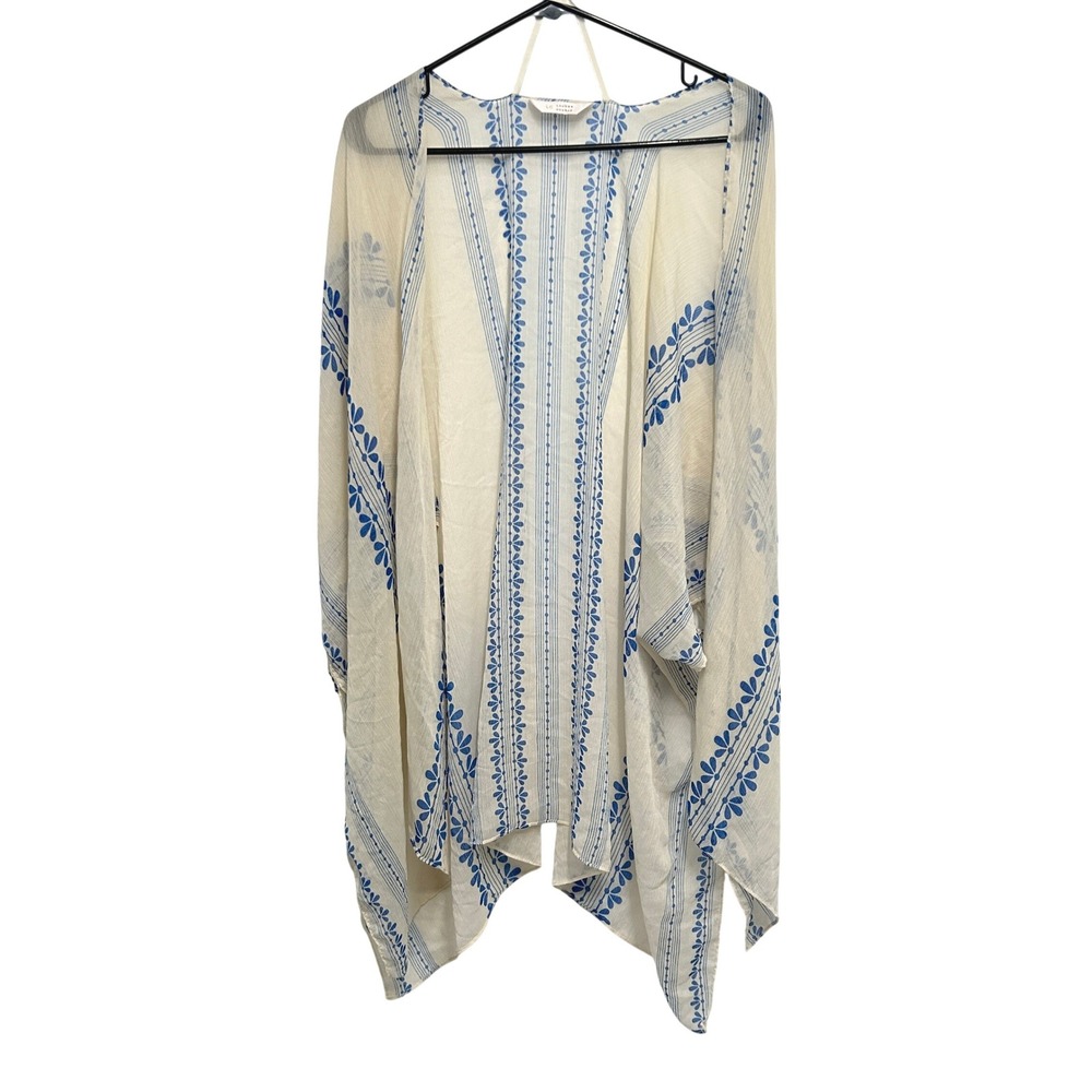 Boho Kimono Cover Up Ivory Blue Coastal Resort Beach Lightweight Layering